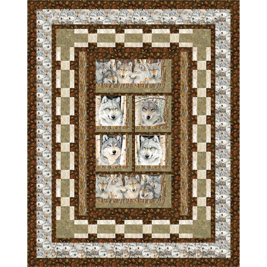 Quilt with wolf patterns in a checkered border