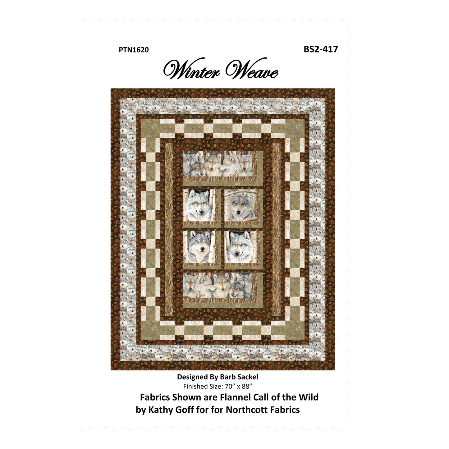 Quilt pattern cover titled 'Winter Weave' with fabric information on a white background