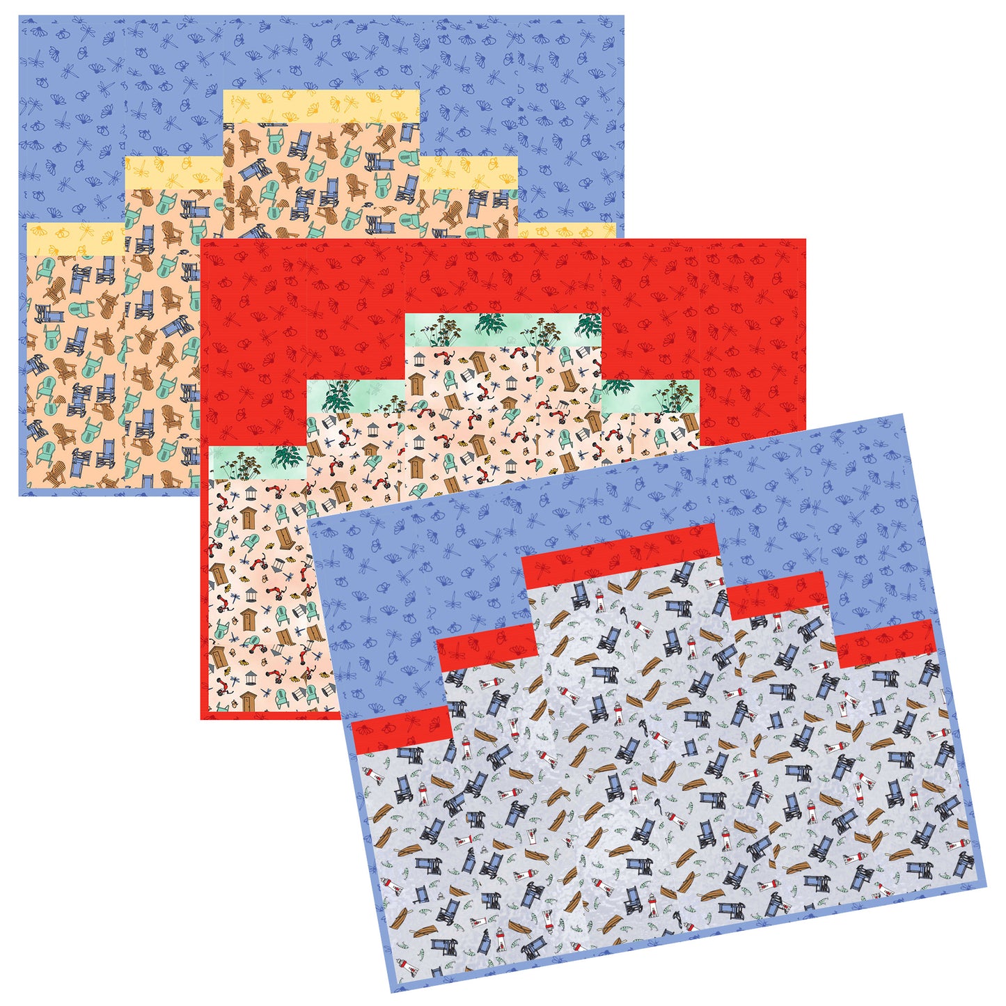 Set of colorful fabric panels with various patterns on a white background