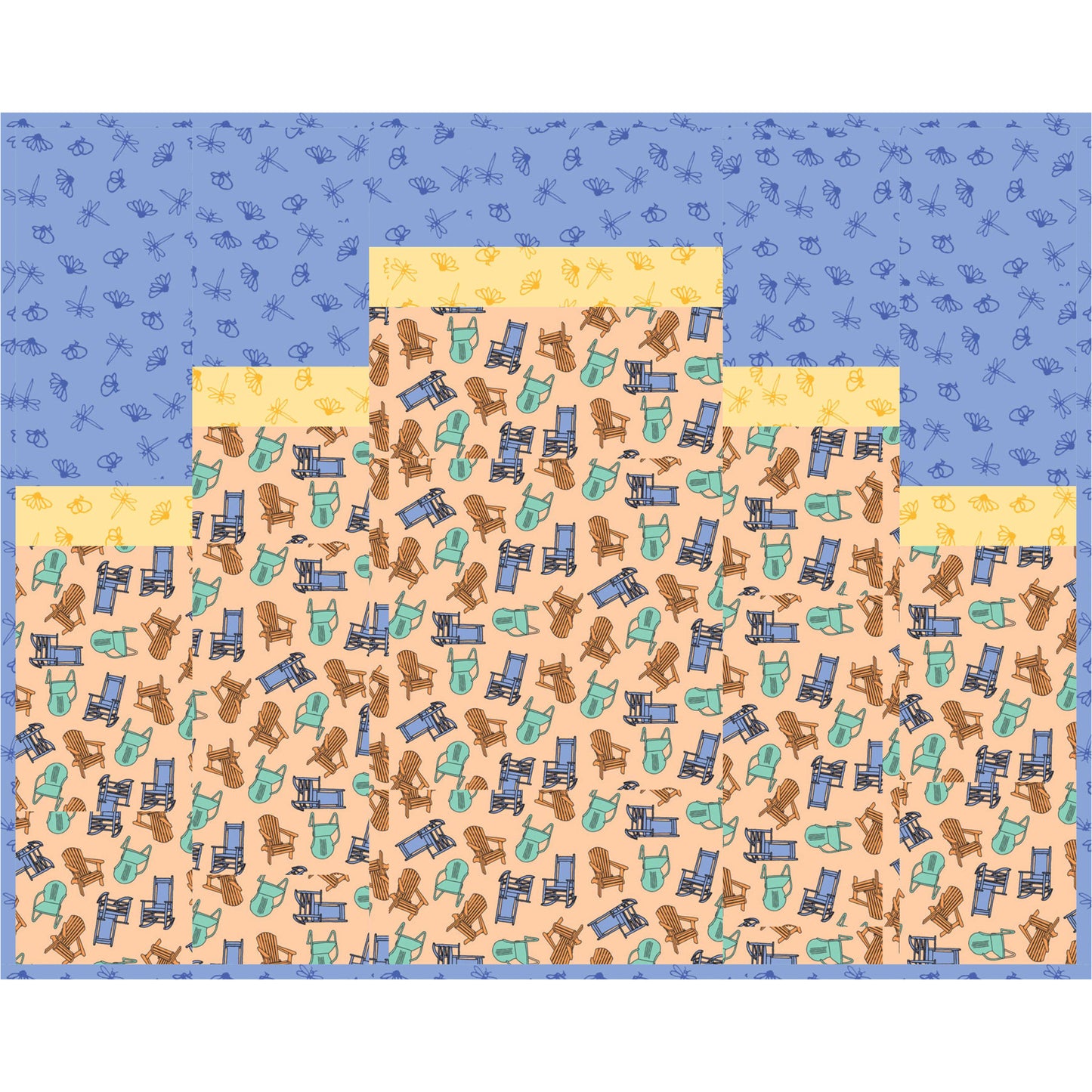 Two patterned paper sheets with dog and chair design on a blue background