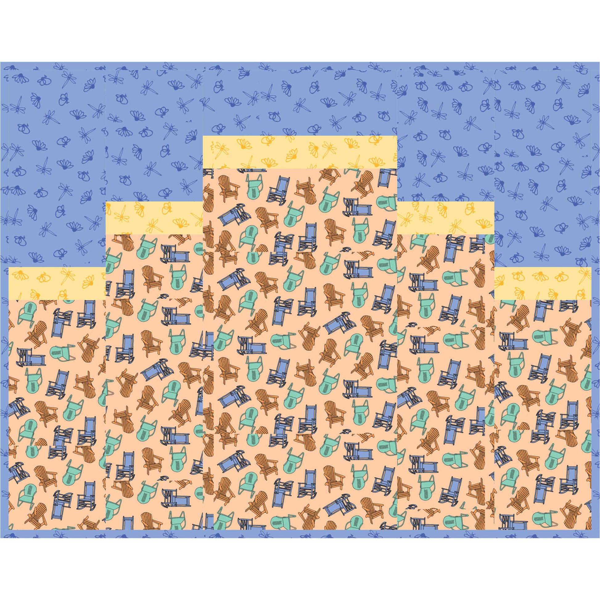 Two patterned paper sheets with dog and chair design on a blue background