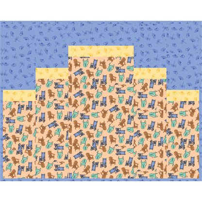 Two patterned paper sheets with dog and chair design on a blue background