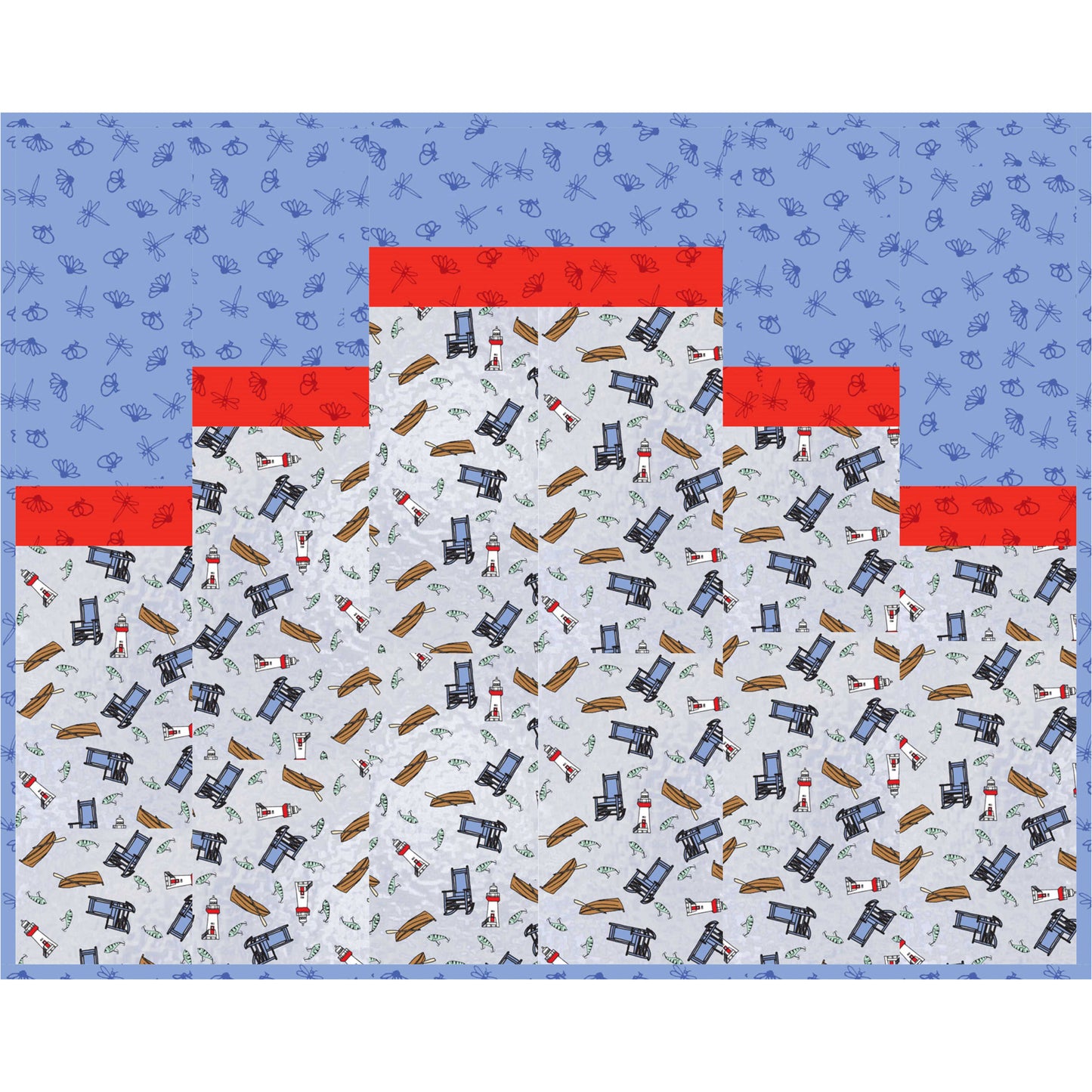 Fabric pattern with toy train design on a blue background