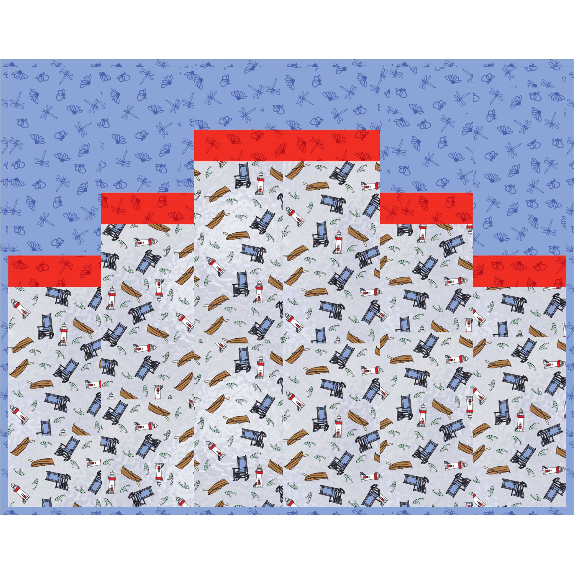 Fabric pattern with toy train design on a blue background