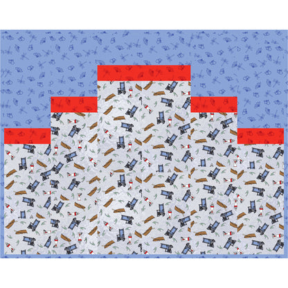 Fabric pattern with toy train design on a blue background