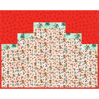 Quilt with a red border and a patterned center featuring chairs and trees.