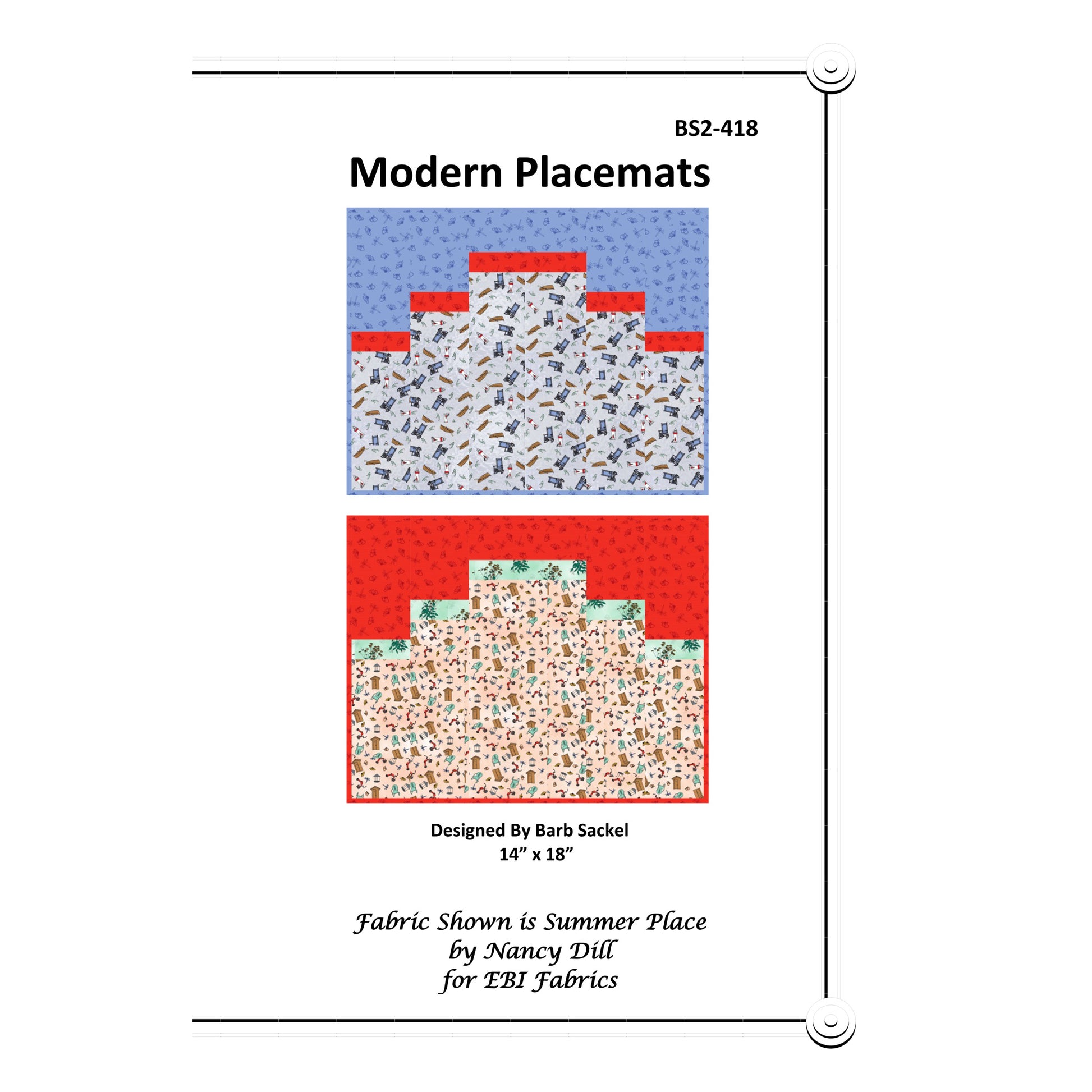Brochure or catalog page for modern placemats with fabric samples and design details.