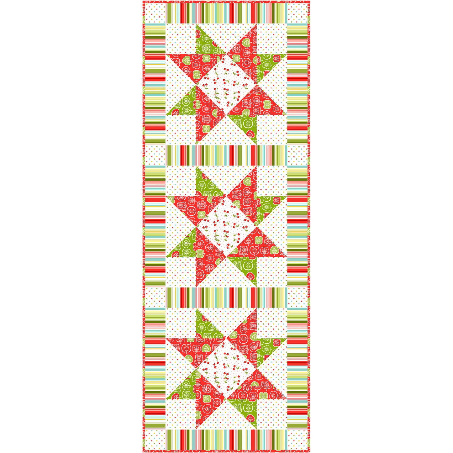 Quilt pattern with star designs and colorful borders on a white background