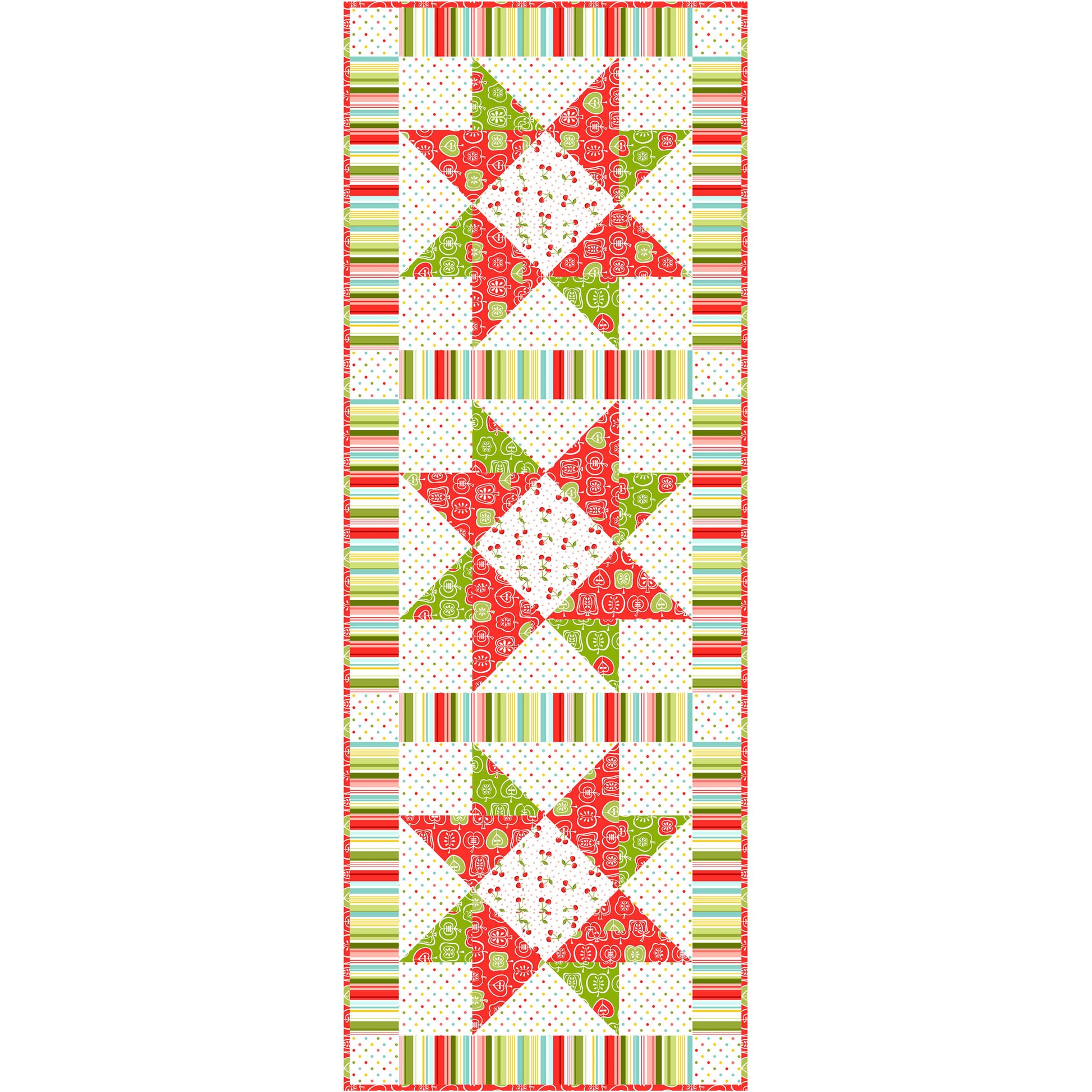 Quilt pattern with star designs and colorful borders on a white background