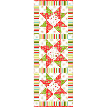 Quilt pattern with star designs and colorful borders on a white background