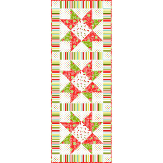 Quilt pattern with star designs and colorful borders on a white background