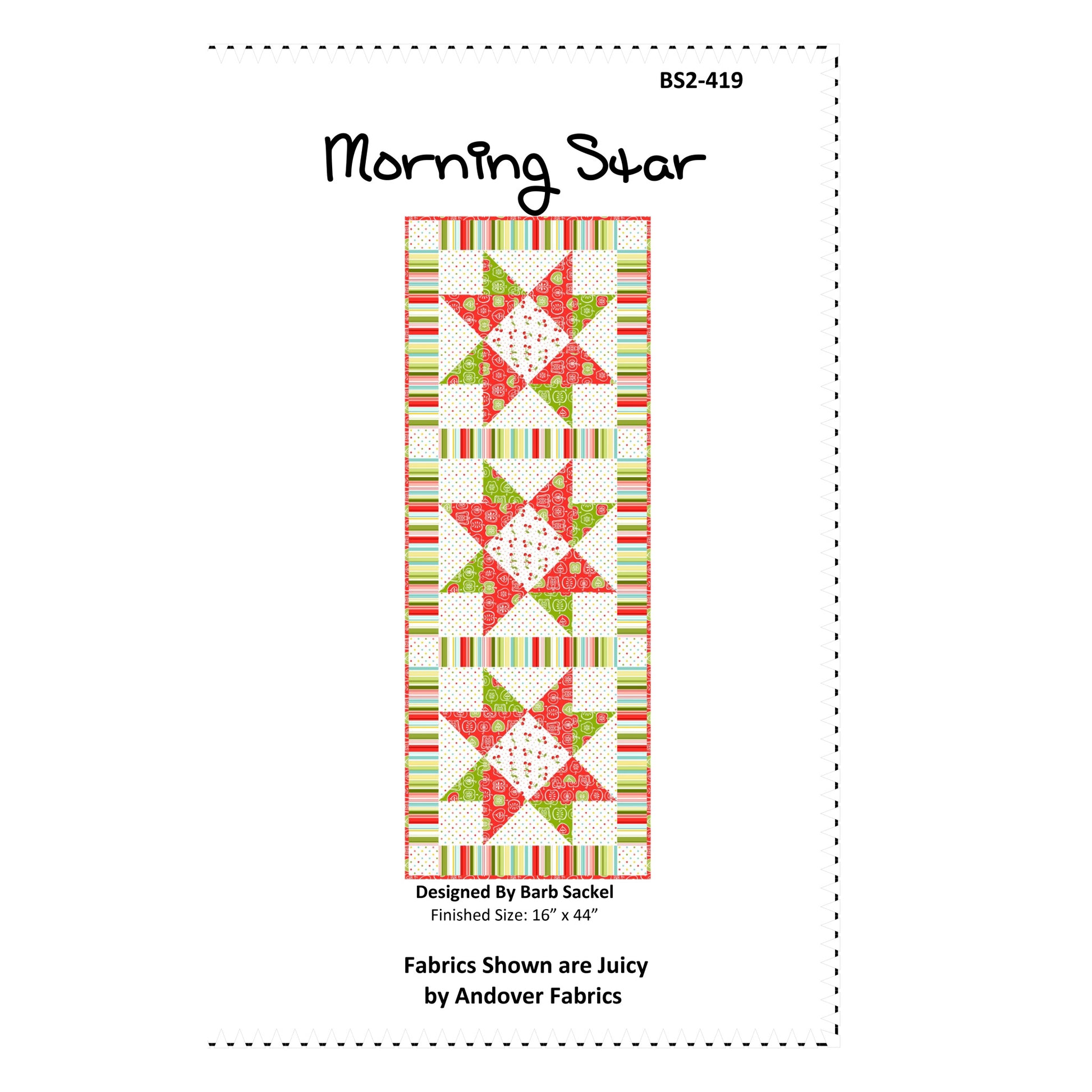 Quilt pattern packaging for 'Morning Star' with fabric design and Andover Fabrics branding.