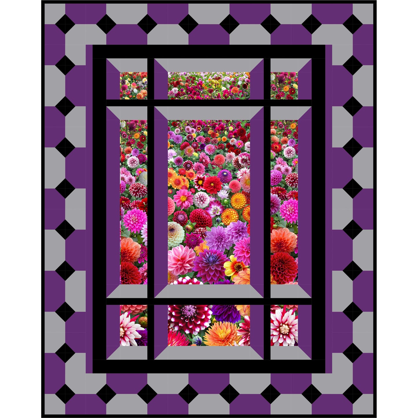 Quilt with a geometric border featuring a window view of colorful flowers.