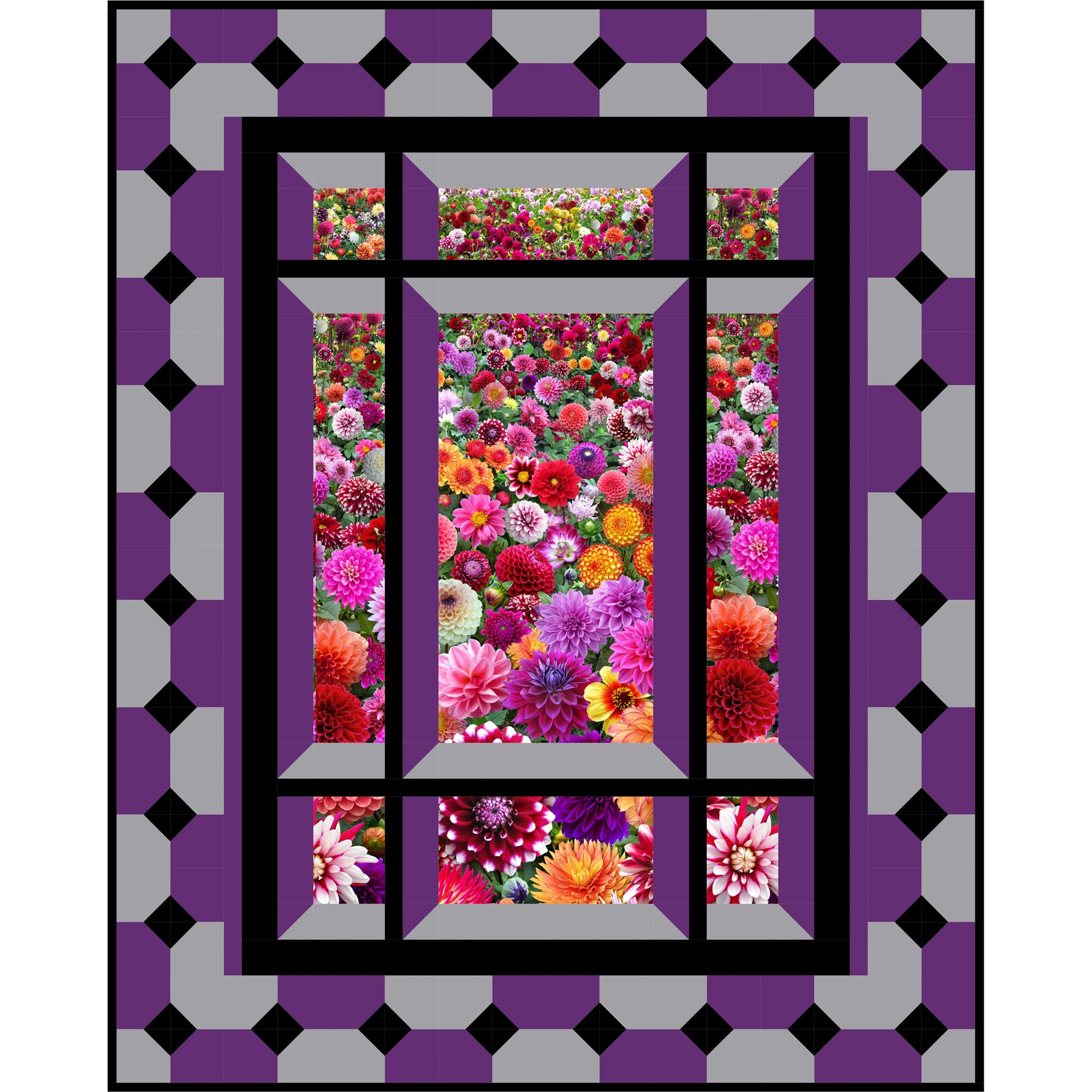 Quilt with a geometric border featuring a window view of colorful flowers.