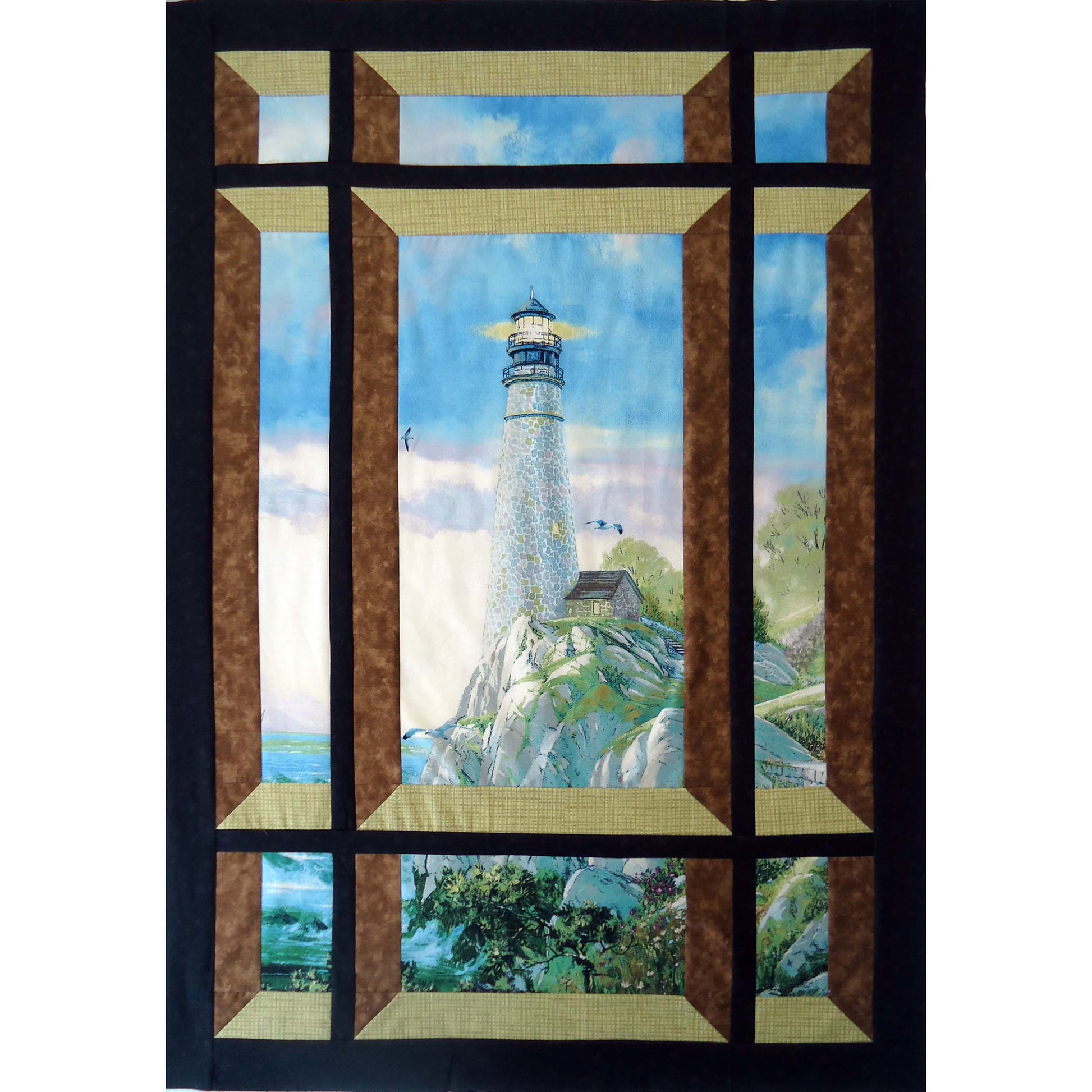 Quilt with a lighthouse scene through a window frame