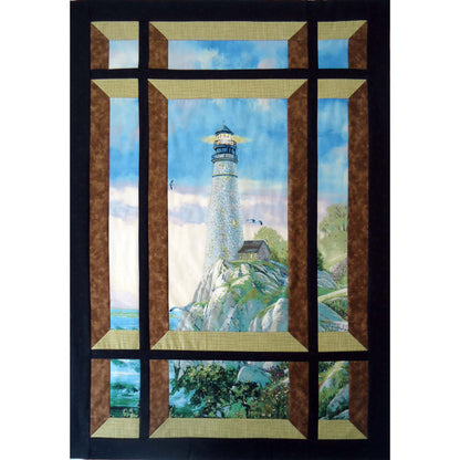 Quilt with a lighthouse scene through a window frame