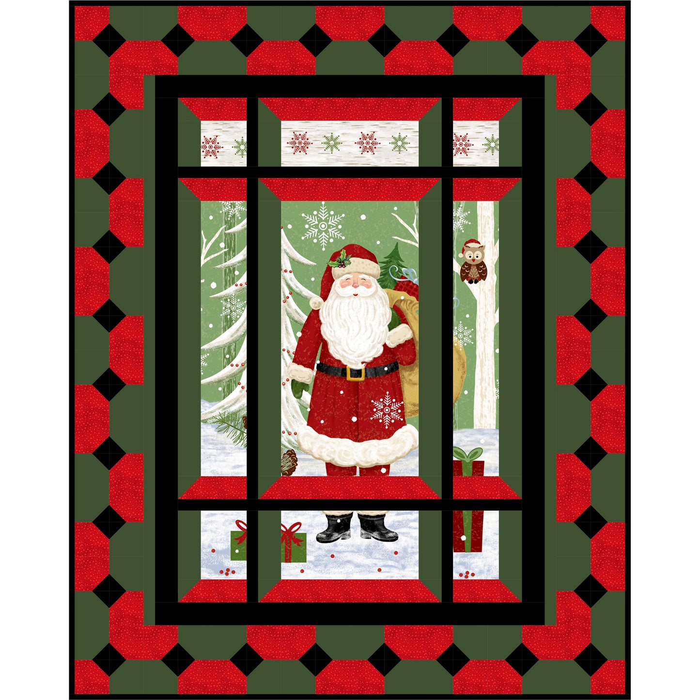 Christmas-themed fabric panel with Santa Claus through a window, surrounded by red, black, and green patterns.