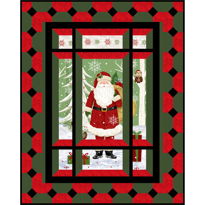 Christmas-themed fabric panel with Santa Claus through a window, surrounded by red, black, and green patterns.