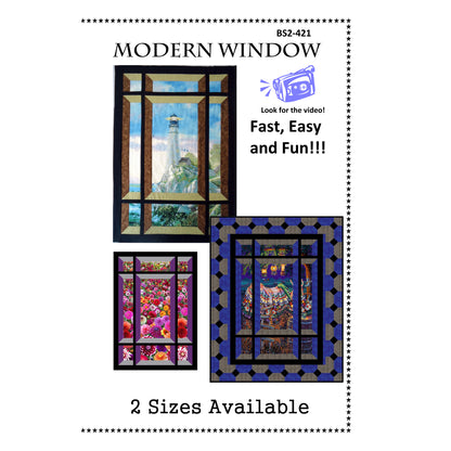 Quilt pattern packaging with 'Modern Window' design and lighthouse image.