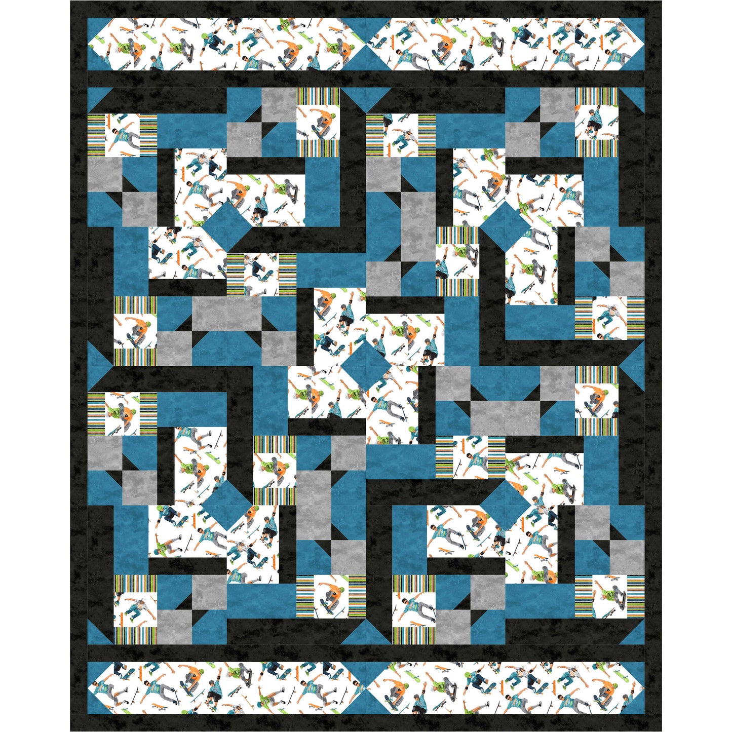 Quilt with geometric pattern in blue, gray, and black on a white background