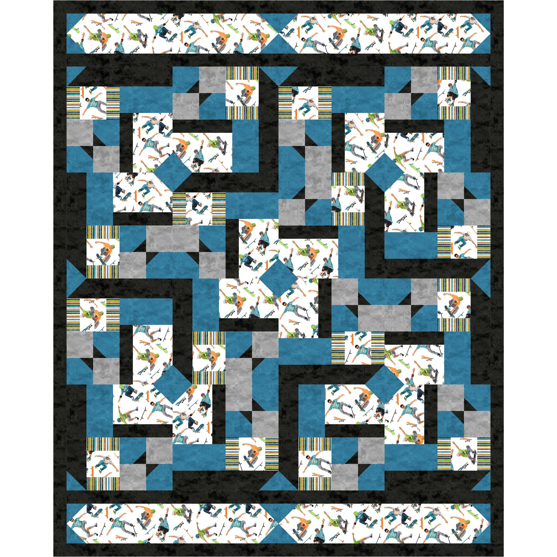 Quilt with geometric pattern in blue, gray, and black on a white background