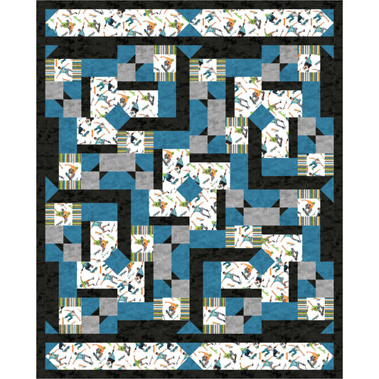 Quilt with geometric pattern in blue, gray, and black on a white background