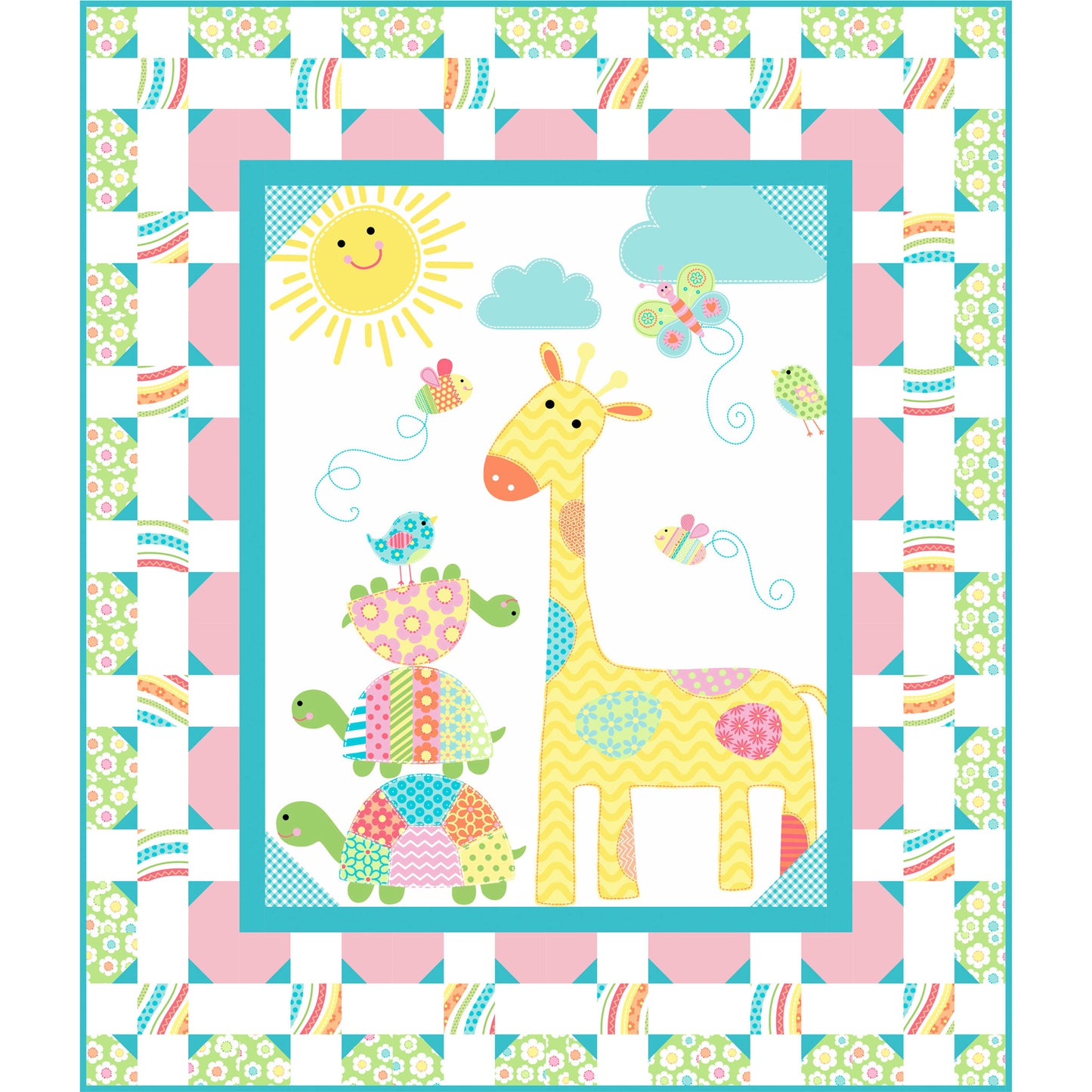Children's quilt with colorful animals and patterns on a checkered border