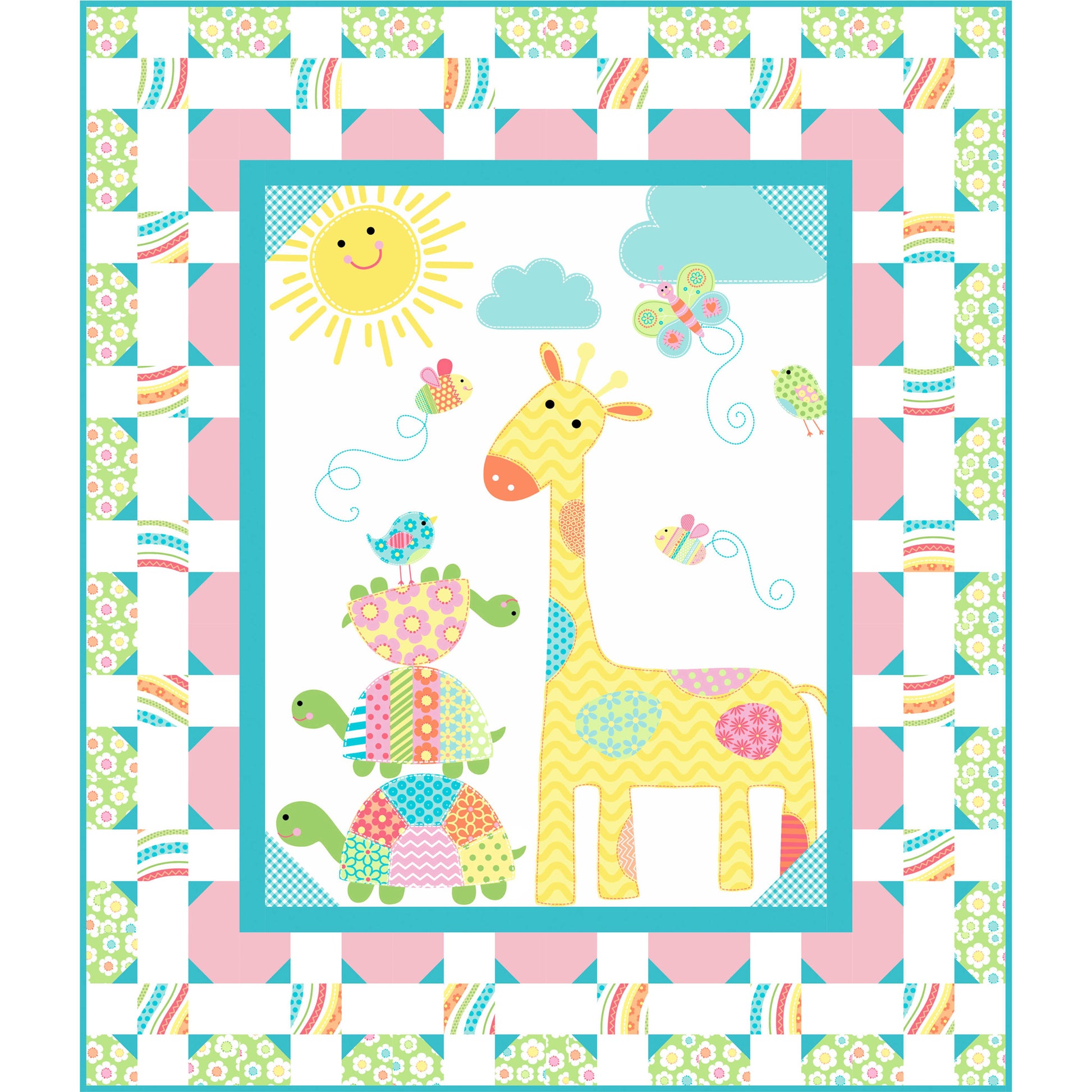 Children's quilt with colorful animals and patterns on a checkered border