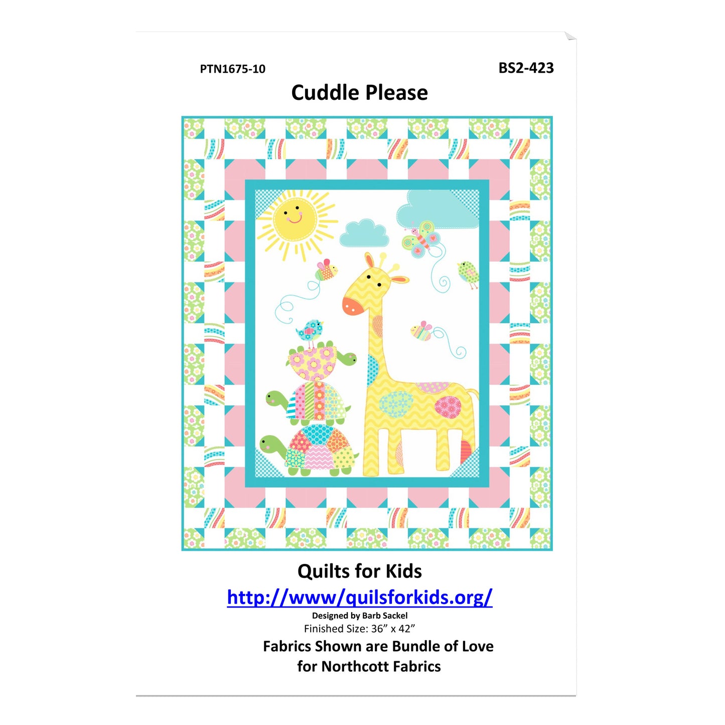 Quilt pattern cover with a giraffe design and colorful border on a white background.