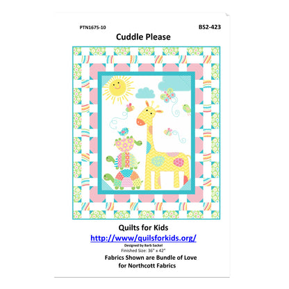Quilt pattern cover with a giraffe design and colorful border on a white background.