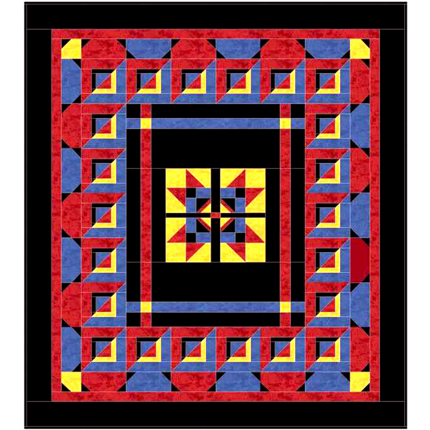 Colorful geometric quilt with red, blue, and yellow patterns on a black background