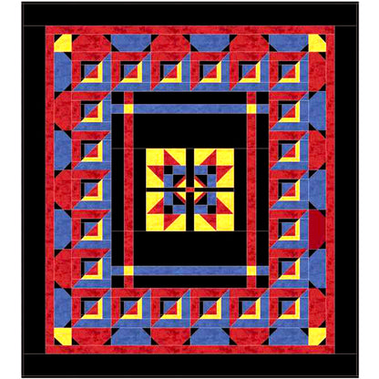 Colorful geometric quilt with red, blue, and yellow patterns on a black background
