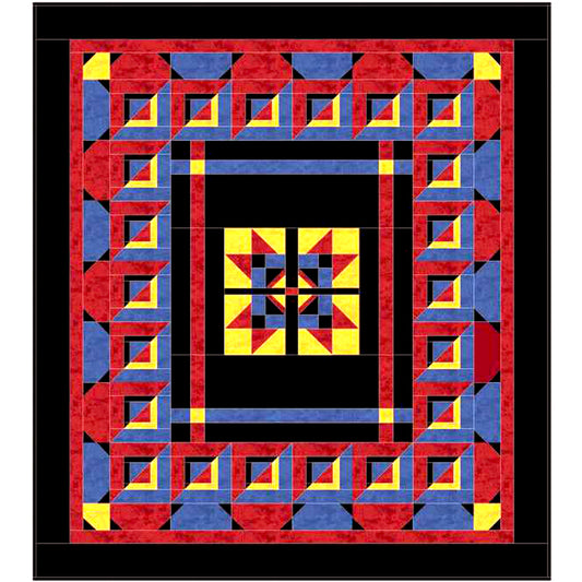 Colorful geometric quilt with red, blue, and yellow patterns on a black background