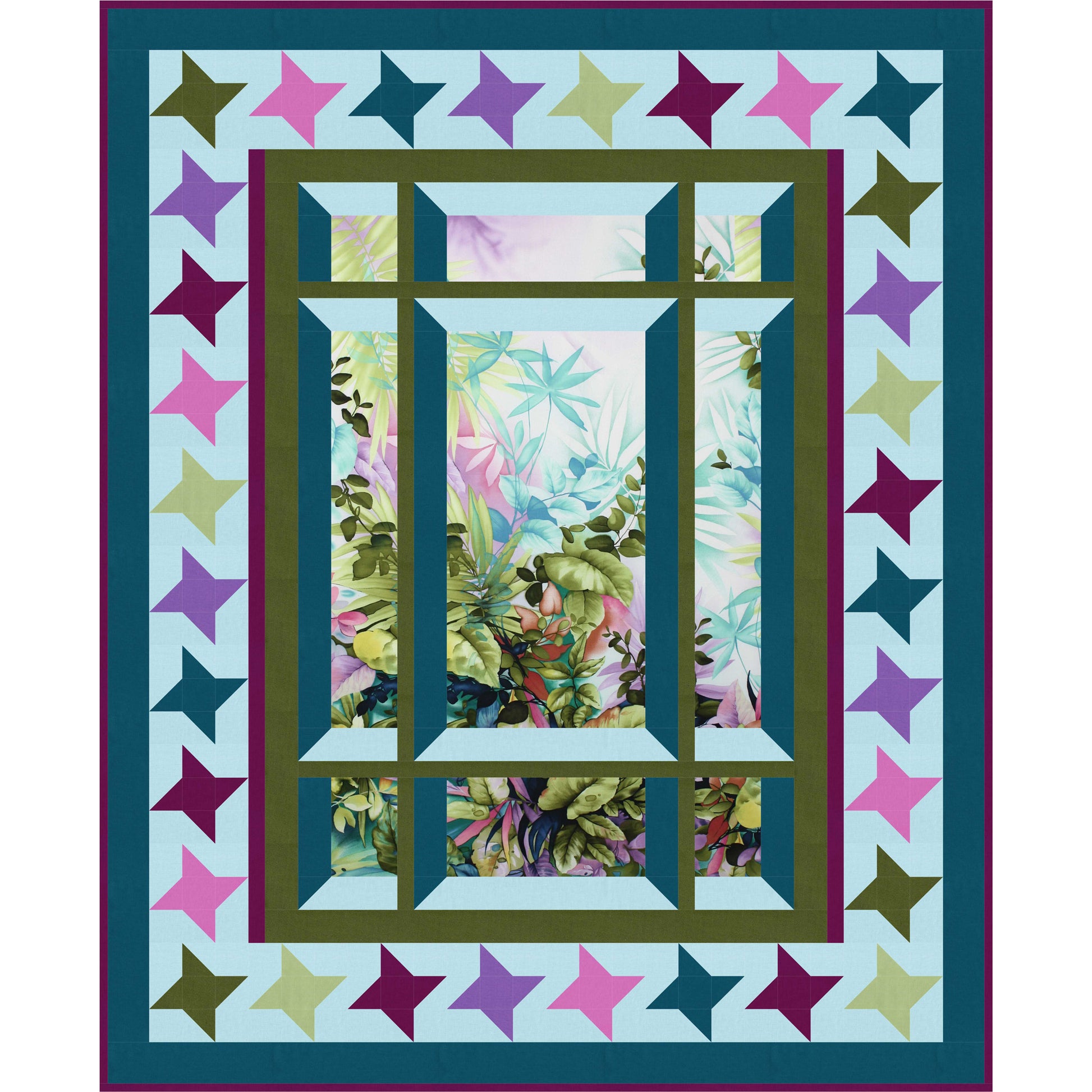 Quilt with star pattern border and floral design in center