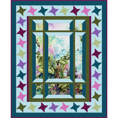 Quilt with star pattern border and floral design in center