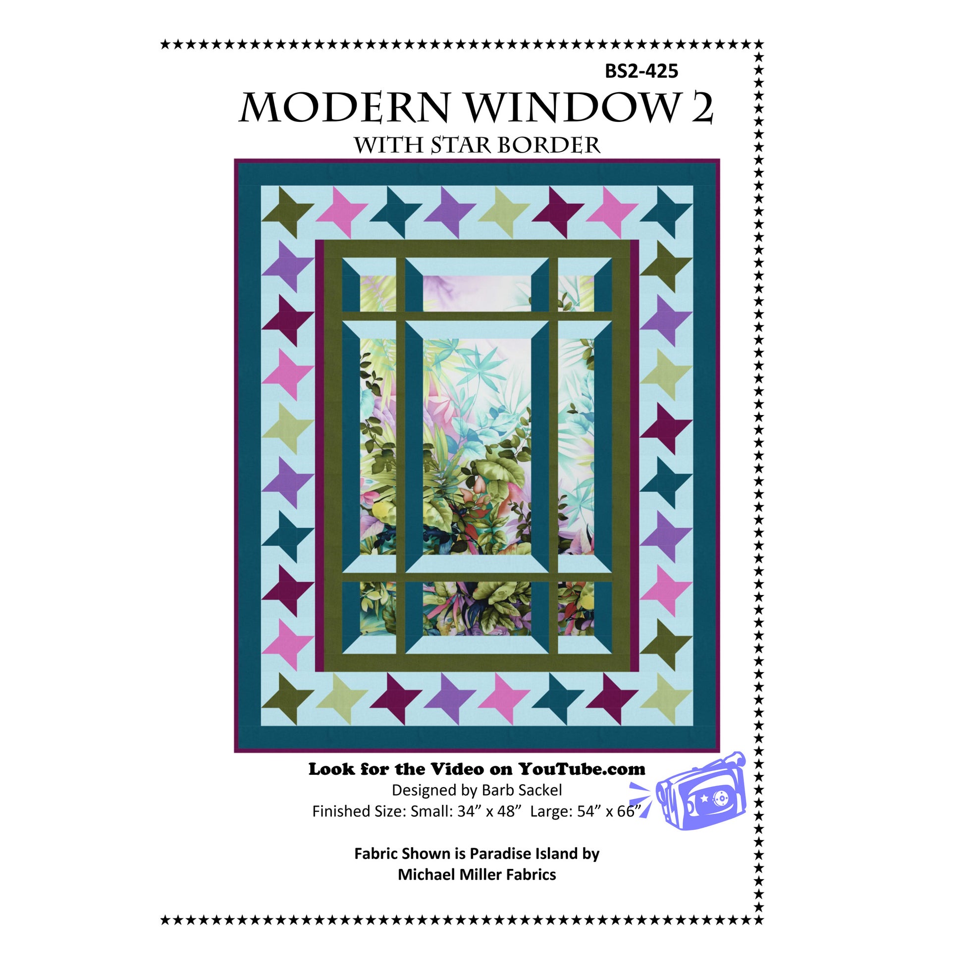 Quilt pattern cover titled 'Modern Window 2 with Star Border' by Barb Sacket, featuring a colorful window design.