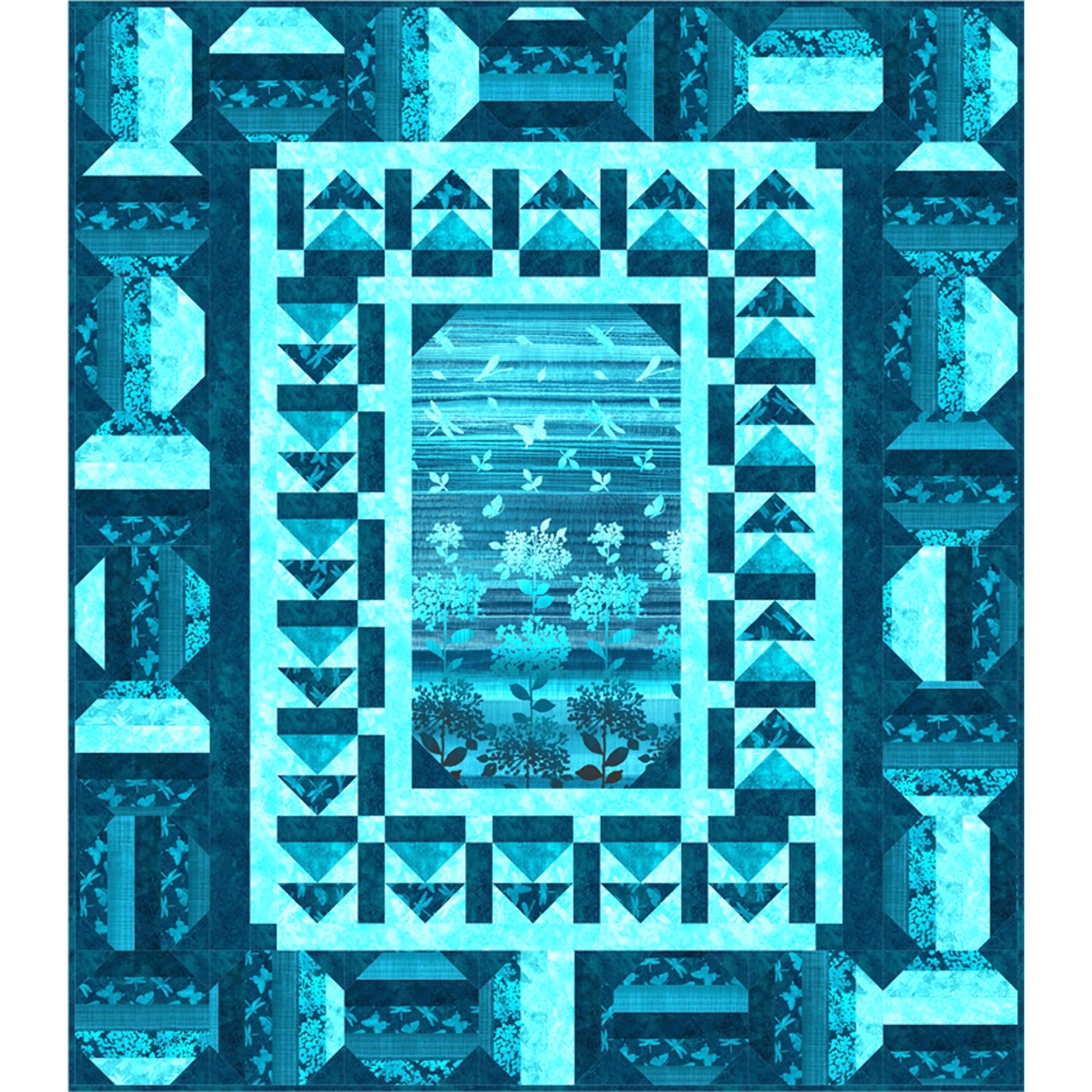 Blue geometric quilt with intricate patterns on a blue background