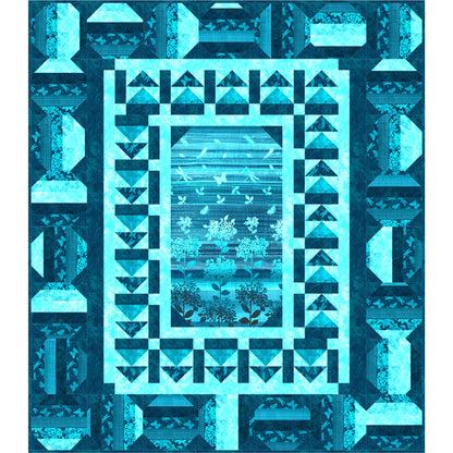 Blue geometric quilt with intricate patterns on a blue background