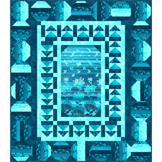 Blue geometric quilt with intricate patterns on a blue background