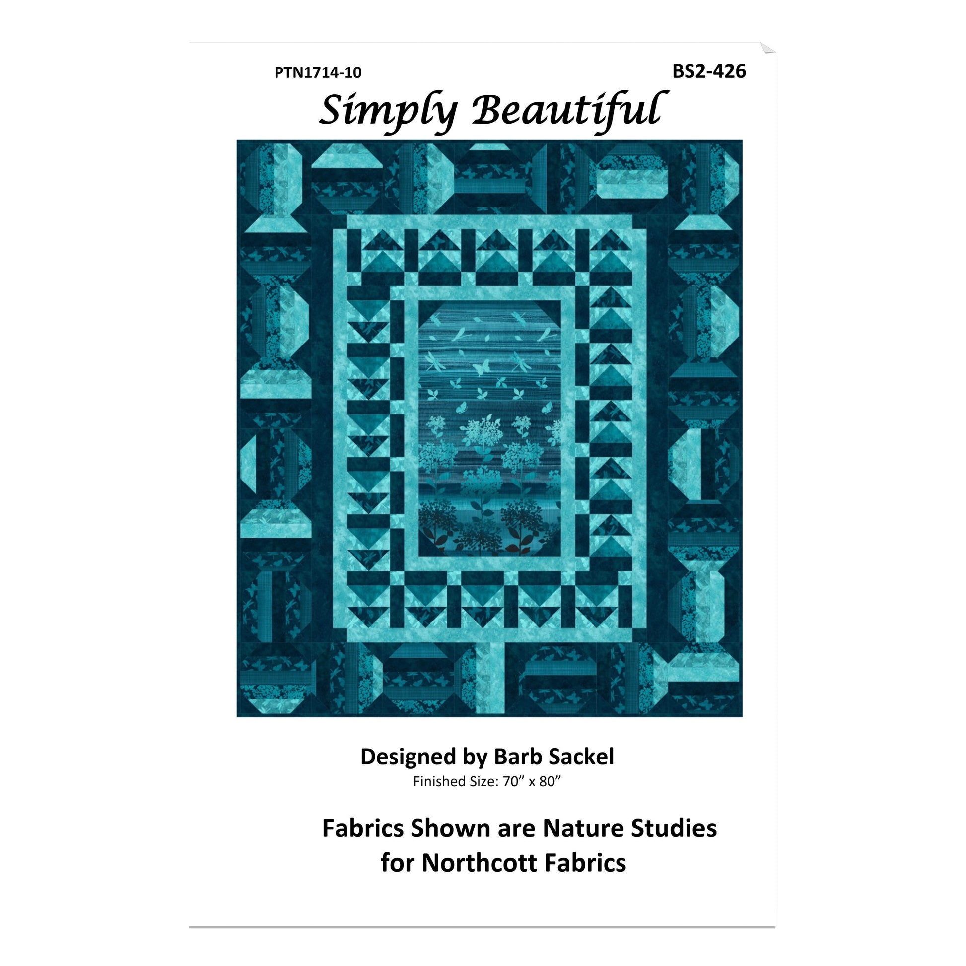 Fabric design pattern with geometric blue design on a white background, featuring the brand 'Simply Beautiful'.