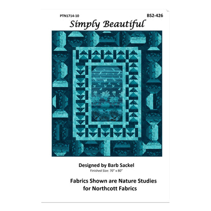 Fabric design pattern with geometric blue design on a white background, featuring the brand 'Simply Beautiful'.