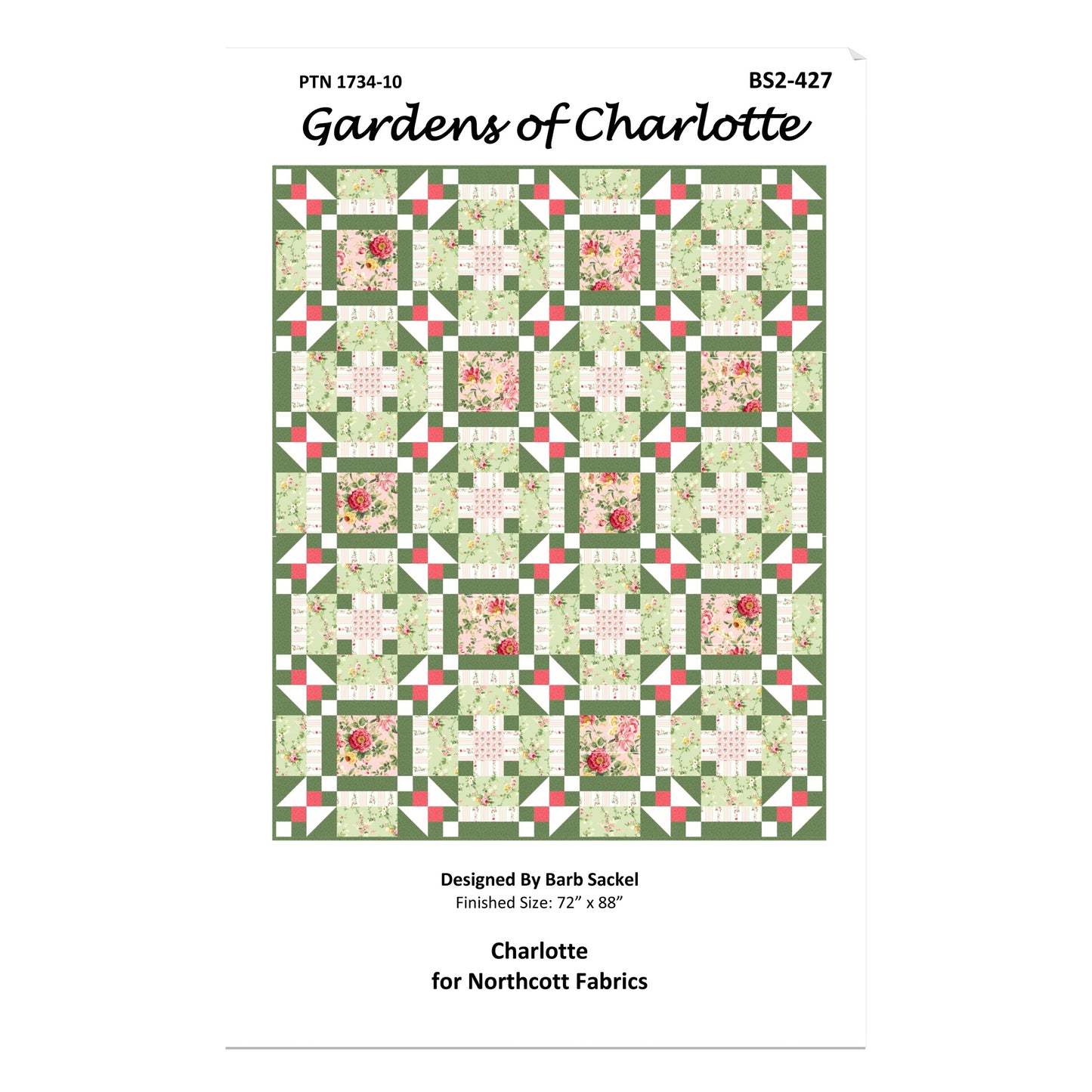 Quilt pattern cover for 'Gardens of Charlotte' by Northcott Fabrics with a floral quilt design.