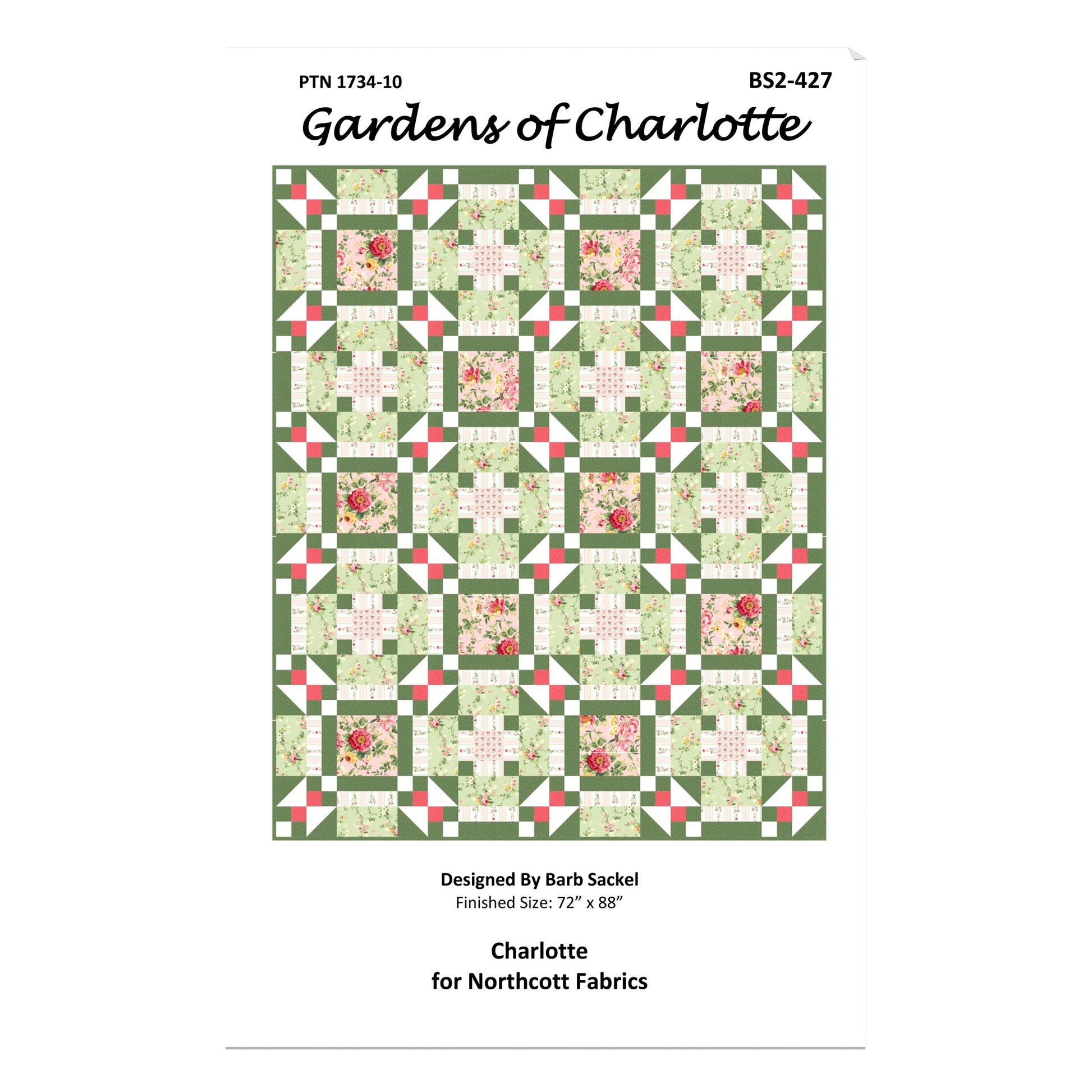 Quilt pattern cover for 'Gardens of Charlotte' by Northcott Fabrics with a floral quilt design.