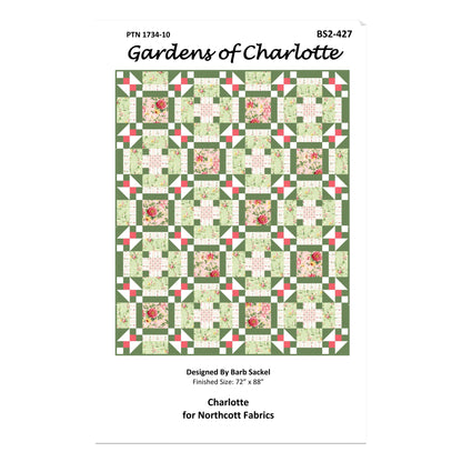 Quilt pattern cover for 'Gardens of Charlotte' by Northcott Fabrics with a floral quilt design.