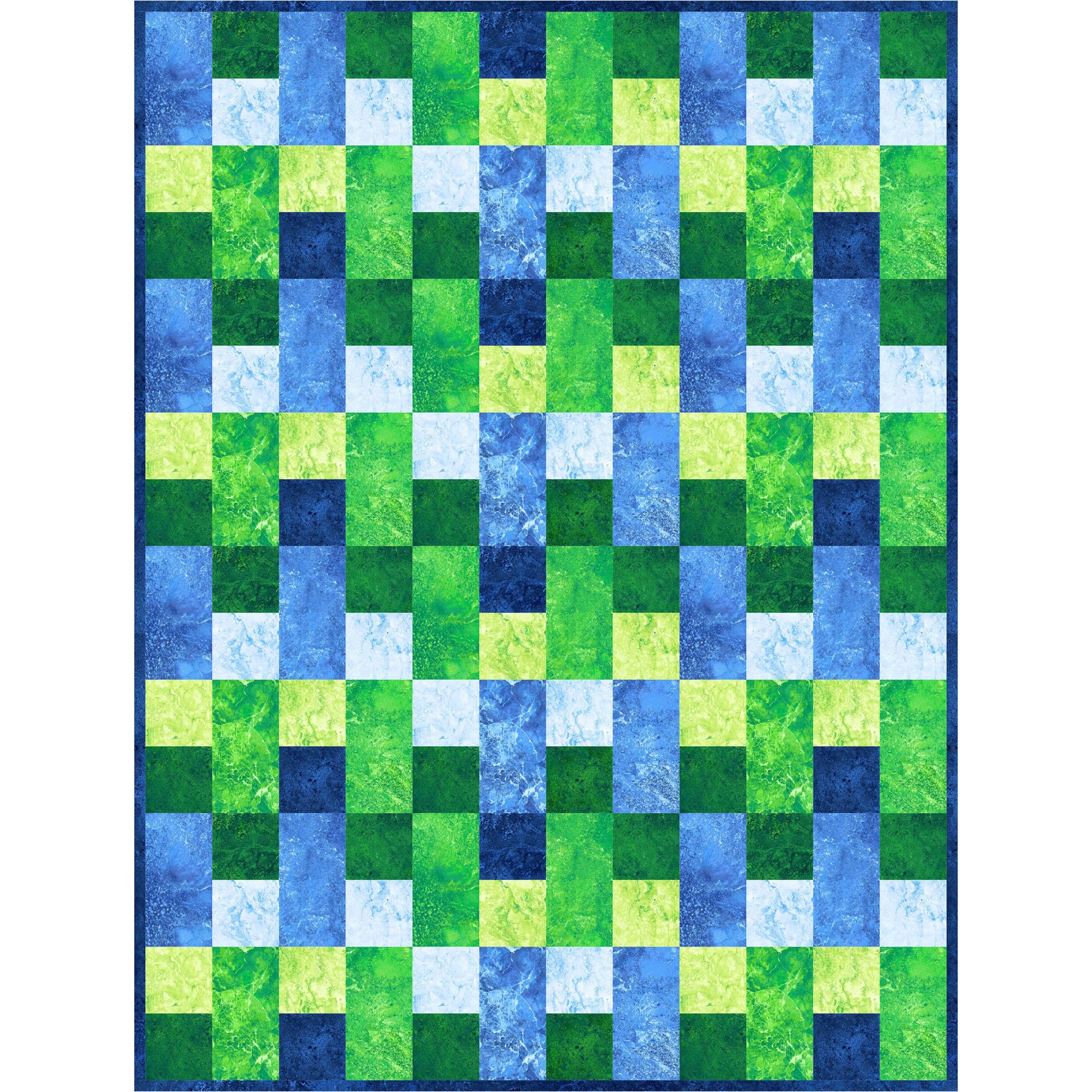 Quilt with a geometric pattern of green and blue squares on a white background