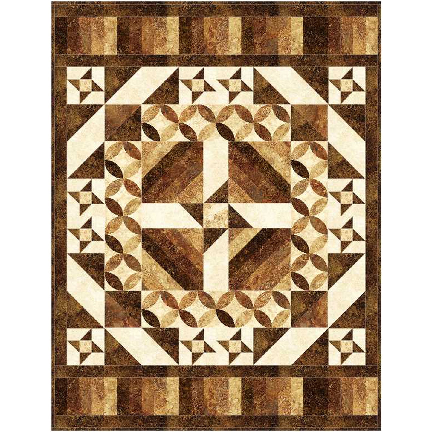 Quilt with geometric pattern in brown, beige, and white on a white background