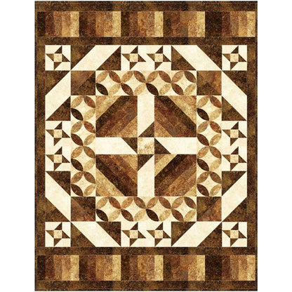 Quilt with geometric pattern in brown, beige, and white on a white background