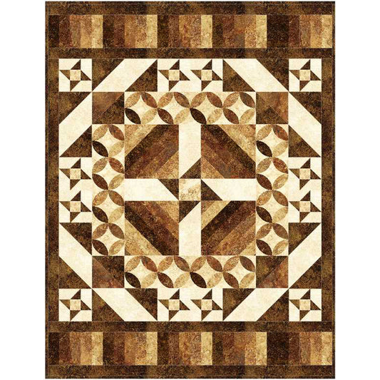 Quilt with geometric pattern in brown, beige, and white on a white background