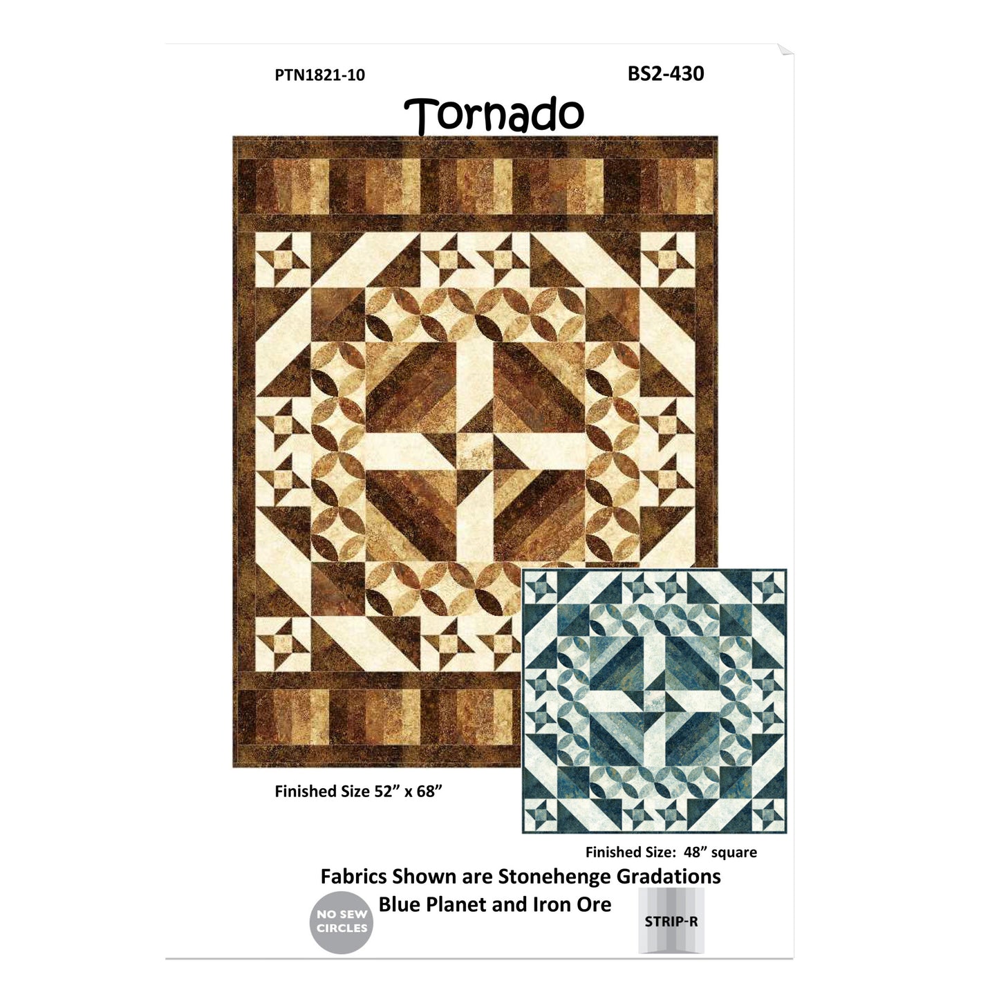 Quilt pattern packaging with 'Tornado' design and fabric swatches on a white background