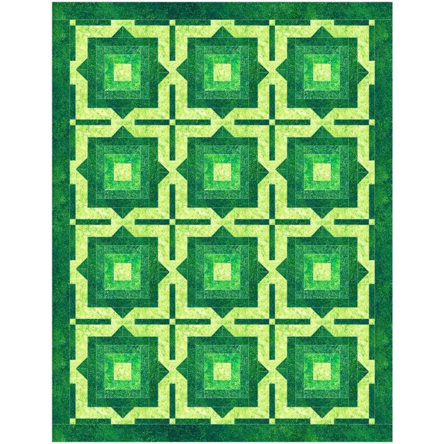 Green geometric patterned rug with a white border